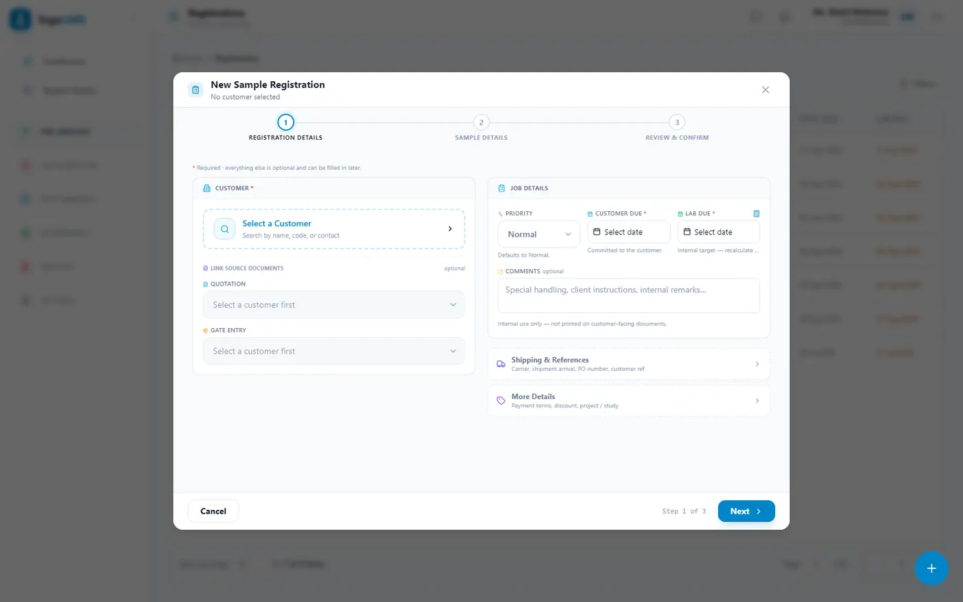Register the coupon — The registration form — three steps, with the customer-committed date and the internal lab target kept as separate fields.